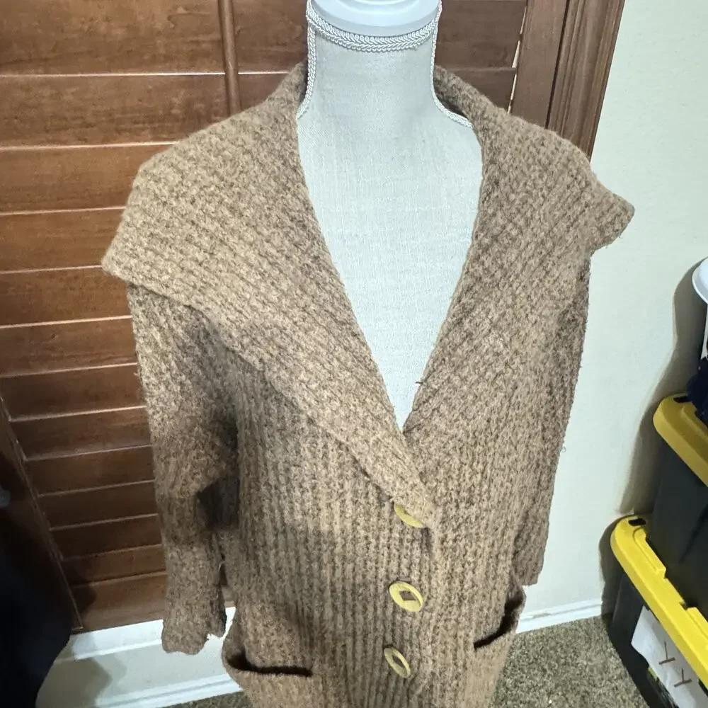 Free People Womens Wool Alpaca Blend Brown Longline Cardigan Sweater Chunky Sz M